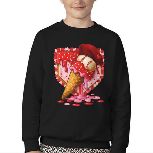Baseball Heart Valentine Baseball Ice Cream Drip Boys Girls Youth Crewneck Sweatshirt - Sportilla