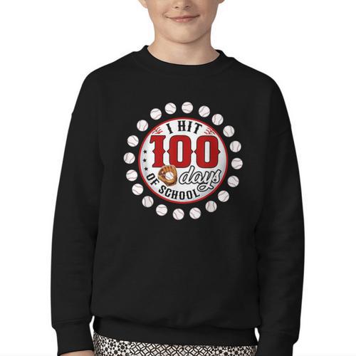 Baseball I Hit 100 Days Of School Baseball Player Kids Boys Youth Crewneck Sweatshirt - Sportilla
