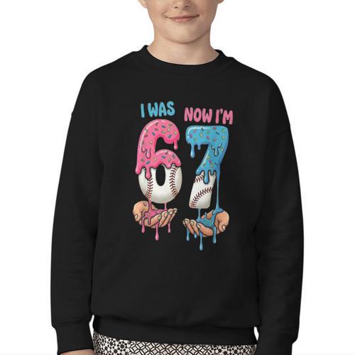 Baseball Ice Cream I Was 6 Now I'm 7 67 Birthday Boy Youth Crewneck Sweatshirt - Sportilla