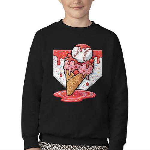 Baseball Ice Cream Drip Baseball Strawberry For Youth Red Youth Crewneck Sweatshirt - Sportilla