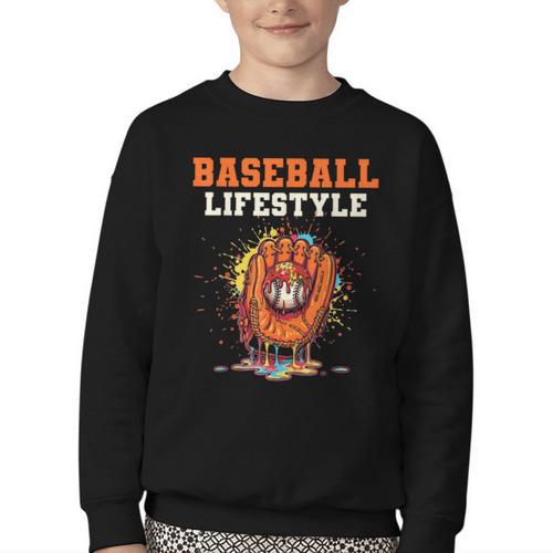 Baseball Lifestyle Ice Cream Drip Baseball Glove Crossed Bat Youth Crewneck Sweatshirt - Sportilla