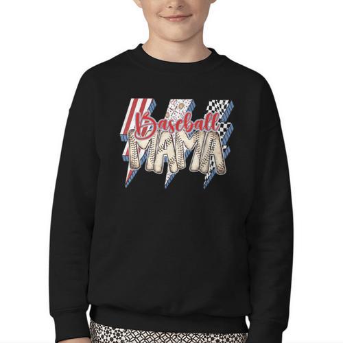 Baseball Mama Lightning Bolt Checkered Varsity Mother's Day Youth Crewneck Sweatshirt - Sportilla