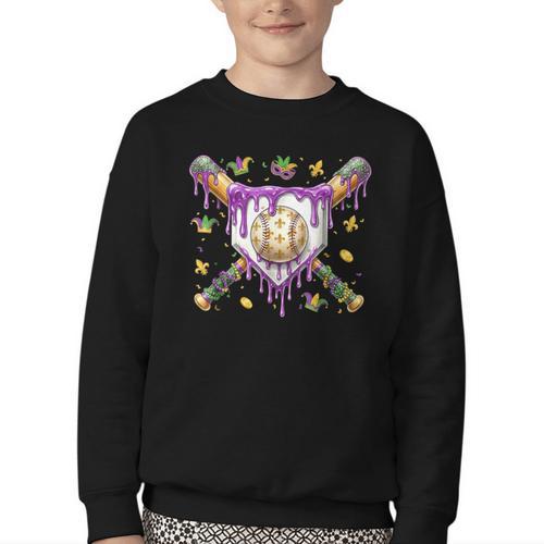Baseball Mardi Gras Carnival Party Mask Ice Cream Drip Boys Youth Crewneck Sweatshirt - Sportilla