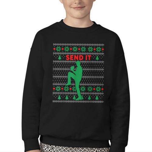 Baseball Player Christmas Pajama Send It Xmas PJs Boys Youth Crewneck Sweatshirt - Sportilla