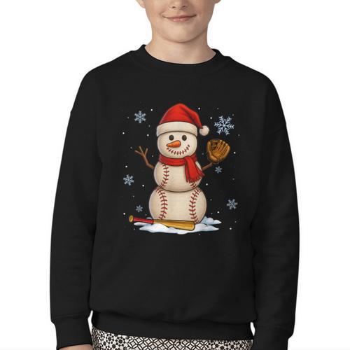 Baseball Snowman Merry Christmas Holiday Sports Xmas Pajamas Youth Crewneck Sweatshirt - Sportilla