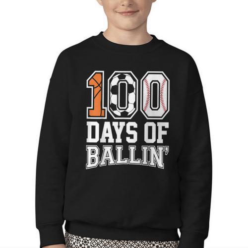 Baseball Soccer Basketball 100 Days Of School Youth Crewneck Sweatshirt - Sportilla
