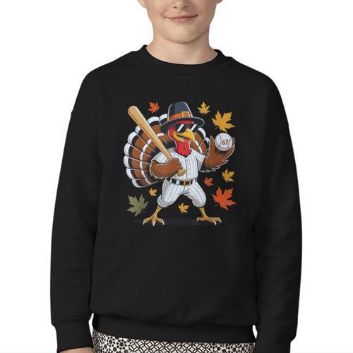 Baseball Turkey 67 Meme Thanksgiving For Boys Toddlers Kid Youth Crewneck Sweatshirt - Sportilla