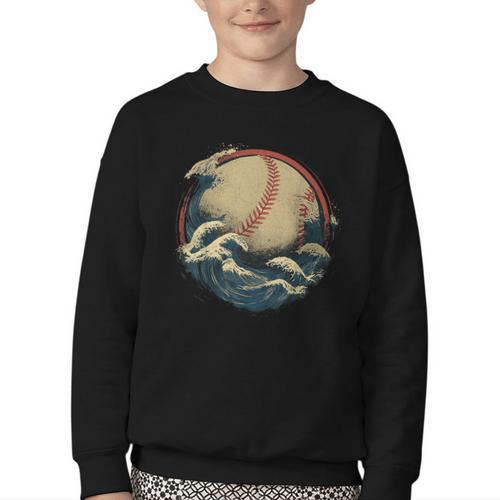 Baseball Waves Ocean Sports Baseball Fans Youth Crewneck Sweatshirt - Sportilla