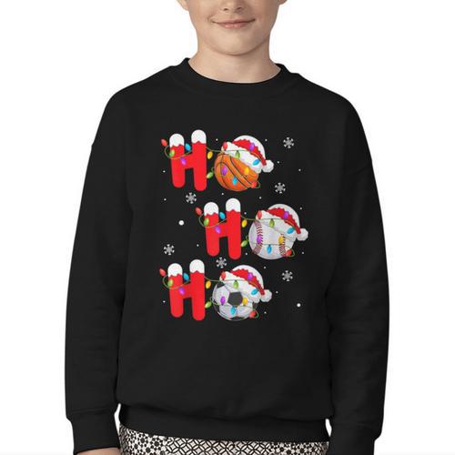 Basketball Baseball Soccer Christmas Ho Ho Ho Santa Xmas Youth Crewneck Sweatshirt - Sportilla