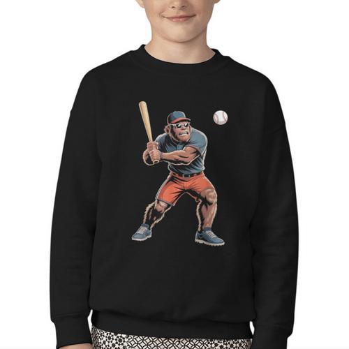 Bigfoot Playing Baseball Boys Kids Men Baseball Player Youth Crewneck Sweatshirt - Sportilla