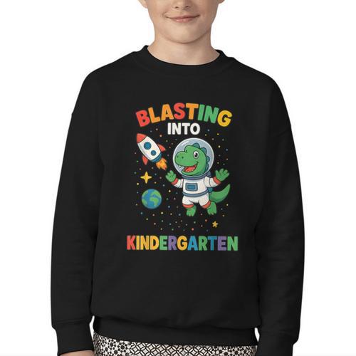 Blasting Into Kindergarten Dinosaur Astronaut Back To School Youth Crewneck Sweatshirt - Savourry