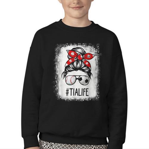 Bleached Tia Life Soccer Messy Bun Baseball Game Day Youth Crewneck Sweatshirt - Sportilla