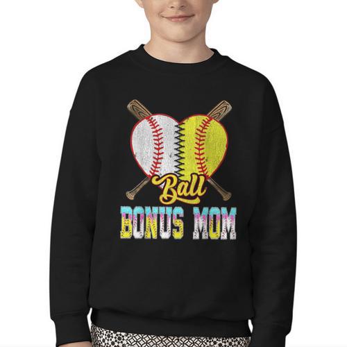 Bonus Mom Of Both Half Baseball Softball Ice Cream Drip Youth Crewneck Sweatshirt - Sportilla