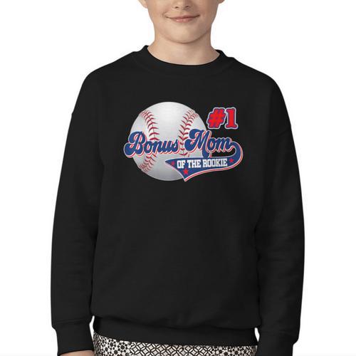 Bonus Mom Rookie Of Year 1st Birthday Baseball Theme Youth Crewneck Sweatshirt - Sportilla