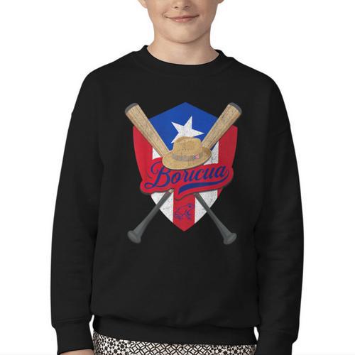 Boricua Puerto Rico Baseball Coqui Frog Pava Hat Fan Youth Crewneck Sweatshirt - Sportilla