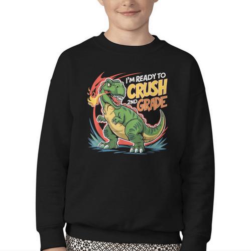 Boy Kid Ready To Crush 2nd Grade Dinosaur Back To School Youth Crewneck Sweatshirt - Savourry