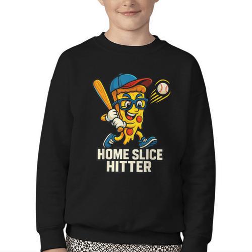 Boys Pizza Theme Baseball Home Hitter Youth Crewneck Sweatshirt - Sportilla