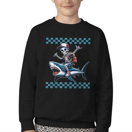 Boys Skeleton Riding a Shark Back To School Youth Crewneck Sweatshirt - Savourry
