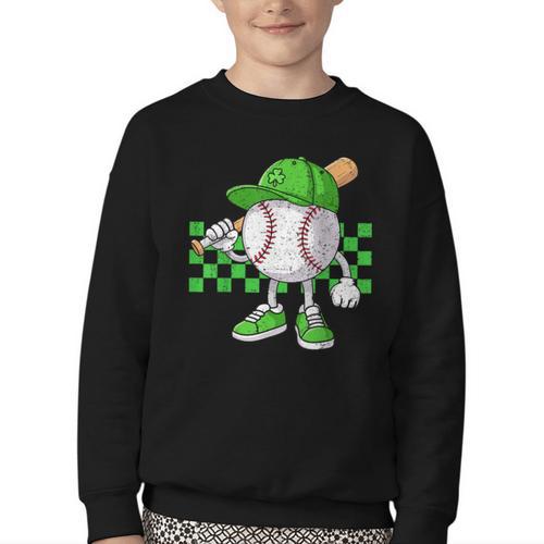 Boys St Patricks Day Baseball Player Pitcher Coach Kids Youth Crewneck Sweatshirt - Sportilla