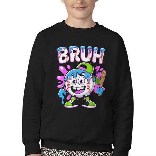 Bruh Baseball Drip Boys Youth Ice Cream Dripping Baseball Youth Crewneck Sweatshirt - Sportilla