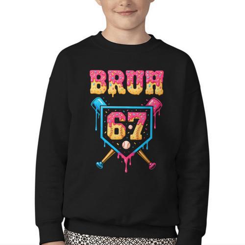 Bruh Baseball Ice Cream Drip Number 67 Player 67th Birthday Youth Crewneck Sweatshirt - Sportilla