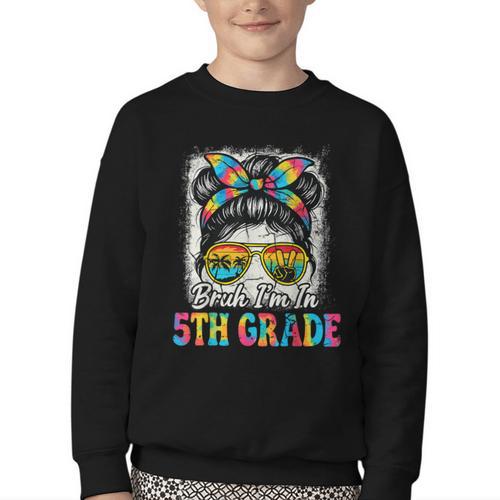 Bruh I'm In 5th Grade Back To School Messy Bun Tie Dye Headb Youth Crewneck Sweatshirt - Savourry