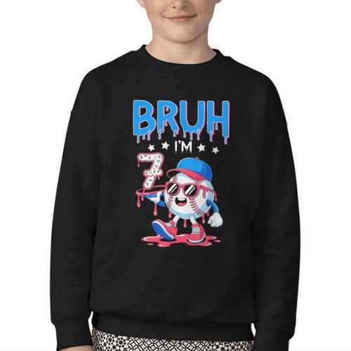 Bruh I'm 7 Baseball Ice Cream Drip It's My 7th Birthday Youth Crewneck Sweatshirt - Sportilla