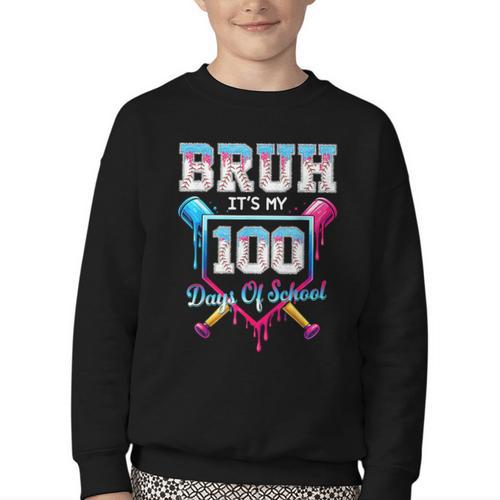 Bruh It's My 100 Days Of School Baseball Ice Cream Drip Boys Youth Crewneck Sweatshirt - Sportilla
