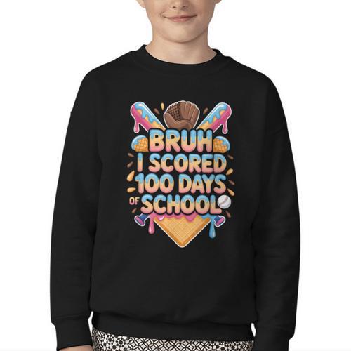 Bruh I Scored 100 Days Of School Baseball Ice Cream Drip Tee Youth Crewneck Sweatshirt - Sportilla