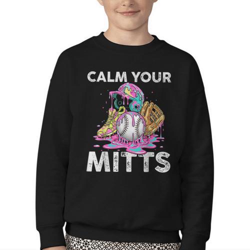 Calm Your Mitts Baseball Ice Cream Drip Crossed Bats Sport Youth Crewneck Sweatshirt - Sportilla