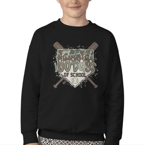 Camo 100 Days Of School Baseball Home Plate Drip Boy Kids Youth Crewneck Sweatshirt - Sportilla
