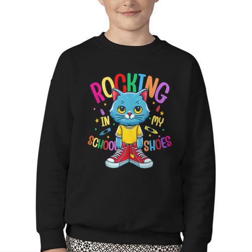 Cat Rocking I n My School Shoes Back To School Student Youth Crewneck Sweatshirt - Savourry