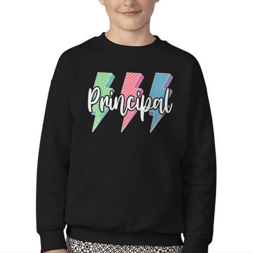 Checkered Principal Lightning Bolt Back To School Youth Crewneck Sweatshirt - Savourry