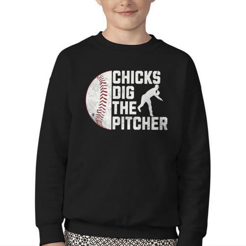 Chicks Dig The Pitcher Baseball Youth Crewneck Sweatshirt - Sportilla