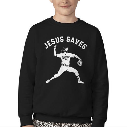 Christian Jesus Saves Baseball Pitcher Heaven 01 Sports Youth Crewneck Sweatshirt - Sportilla