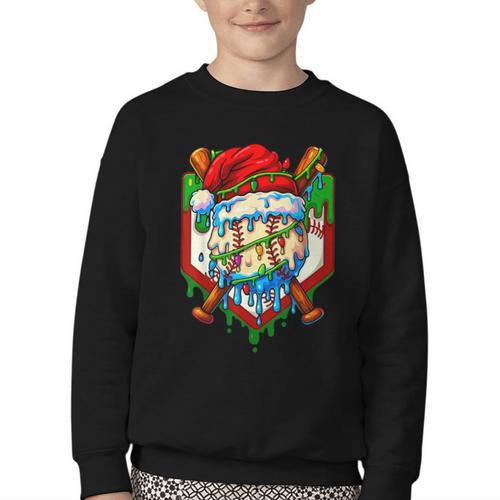 Christmas Baseball Ice Cream Drip Santa Baseball Player Kids Youth Crewneck Sweatshirt - Sportilla