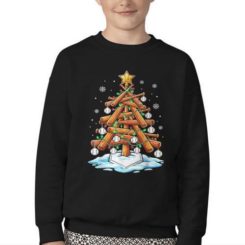 Christmas Baseball Tree Lights Xmas Youth Crewneck Sweatshirt - Sportilla