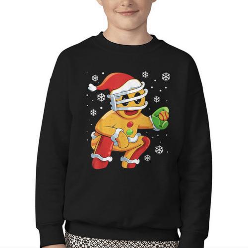 Christmas Gingerbread Man Baseball Player Catcher Youth Crewneck Sweatshirt - Sportilla