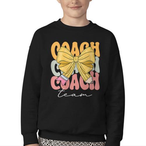 Coach Team Groovy Coquette Bow Cute Back To School Youth Crewneck Sweatshirt - Savourry