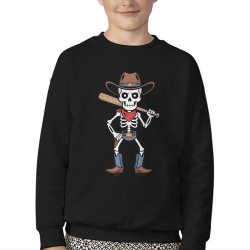 Cowboy Skeleton Baseball Halloween Graphic Youth Crewneck Sweatshirt - Sportilla