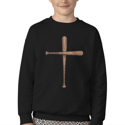 Cross Baseball Bats Christian Faith Sports Coach Pitcher Youth Crewneck Sweatshirt - Sportilla