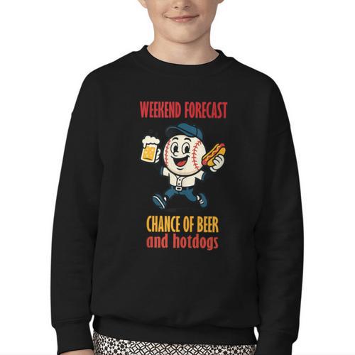 Cute Baseball Fan Weekend Forecast Change Of Beer And Hotdog Youth Crewneck Sweatshirt - Sportilla