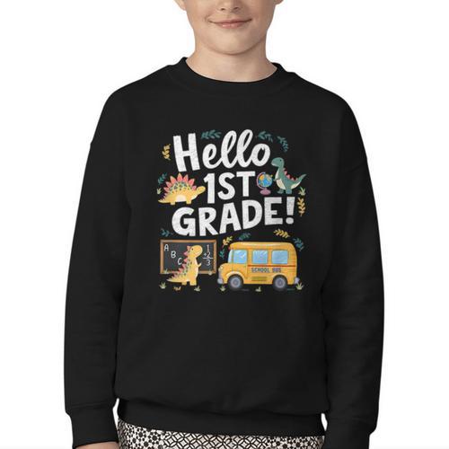 Cute Hello 1st Grade Dinosaur School Back To School Dino Bus Youth Crewneck Sweatshirt - Savourry