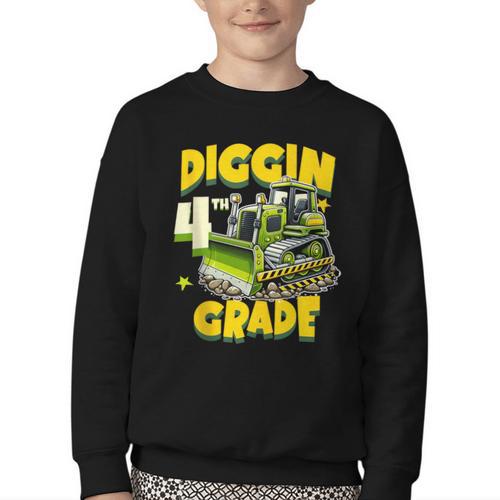 Diggin 4th Grade Bulldozer Back To School Youth Crewneck Sweatshirt - Savourry