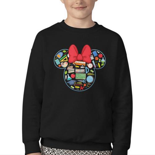 Disney Minnie Mouse Back To School Supplies Face Outline Youth Crewneck Sweatshirt - Savourry