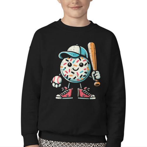 Donut Baseball Hat Ball Bat Cute Sport Toddler Boys Kids Men Youth Crewneck Sweatshirt - Sportilla