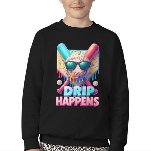 Drip Happens Baseball Ice Cream Bat And Ball With Sunglasses Youth Crewneck Sweatshirt - Sportilla