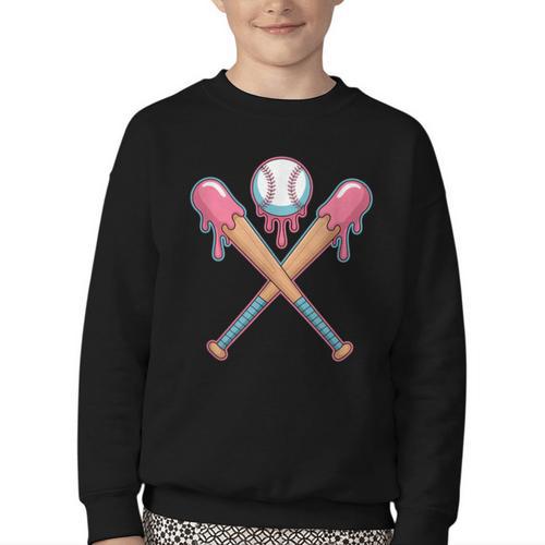 Dripping Pink Baseball Crossed Bats Summer Youth Crewneck Sweatshirt - Sportilla
