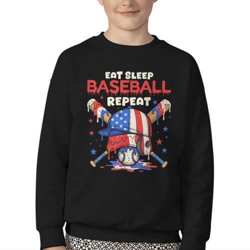 Eat Sleep Baseball Repeat Ice Cream Drip Crossed Bats Youth Crewneck Sweatshirt - Sportilla