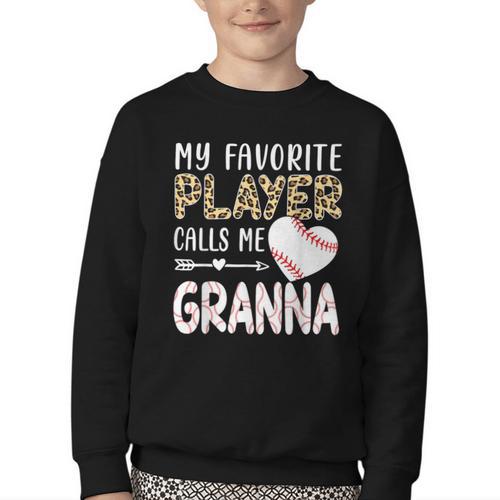 My Favorite Player Calls Me Granna Baseball Leopard Youth Crewneck Sweatshirt - Sportilla